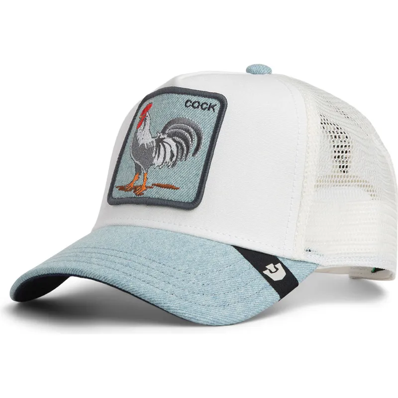casquette-trucker-blanche-et-bleue-coq-cock-denim-rooster-the-farm-goorin-bros