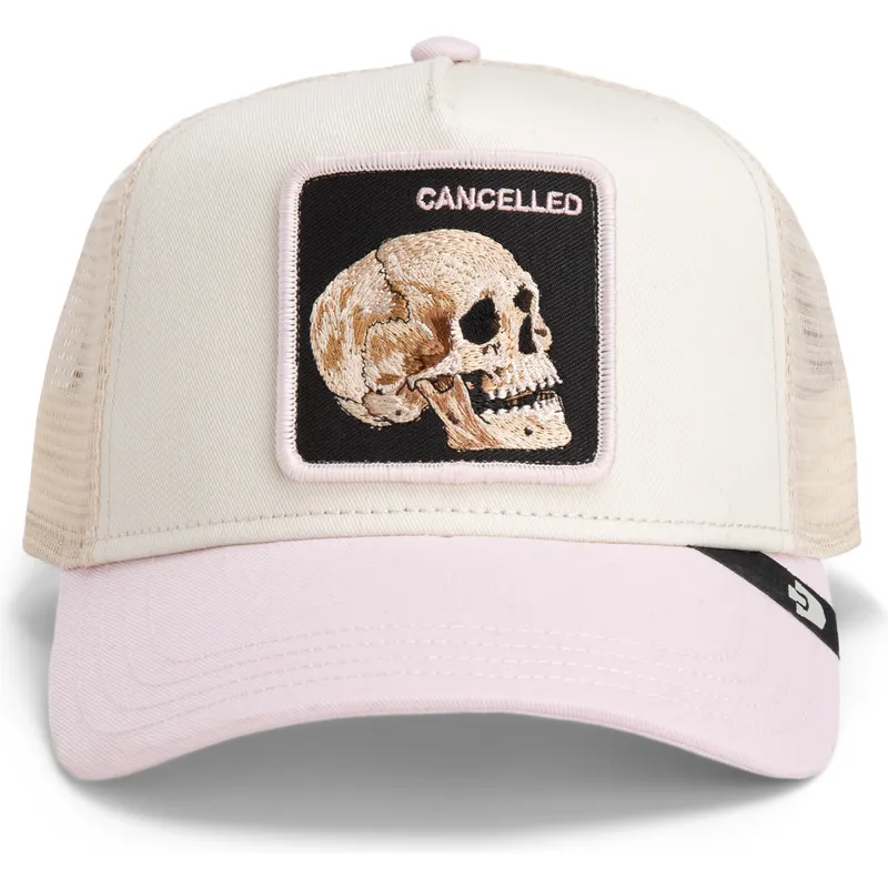 trucker-kasket-beige-og-lyserod-kranium-the-cancelled-skull-whisper-the-farm-fra-goorin-bros