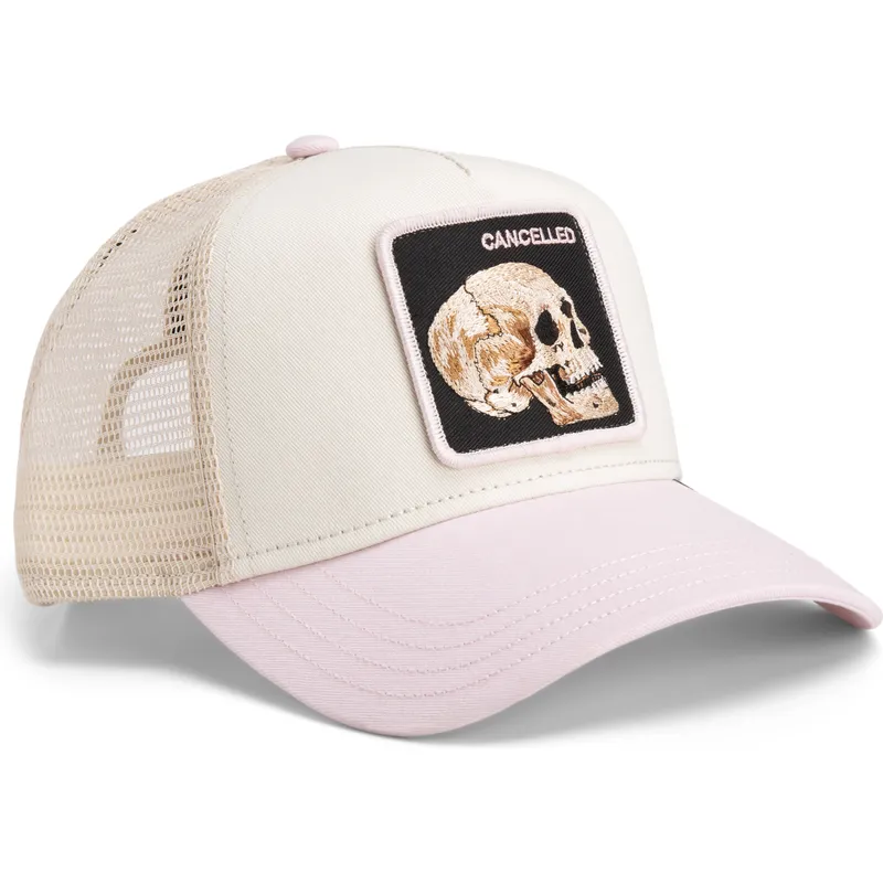 trucker-kasket-beige-og-lyserod-kranium-the-cancelled-skull-whisper-the-farm-fra-goorin-bros