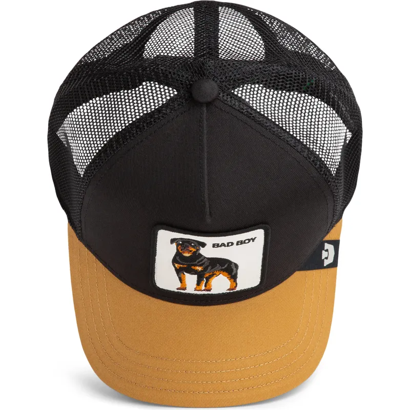 trucker-kasket-sort-og-brun-hund-rottweiler-bad-boy-the-farm-fra-goorin-bros