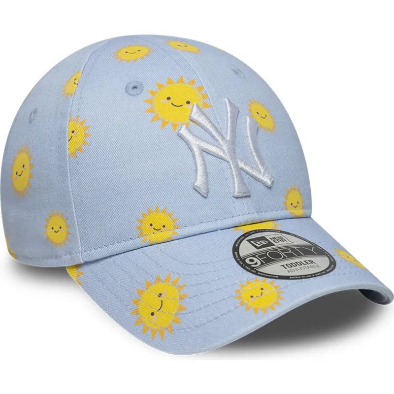 blaue-gebogene-verstellbare-kappe-fur-kinder-9forty-summer-all-over-print-der-new-york-yankees-mlb-von-new-era