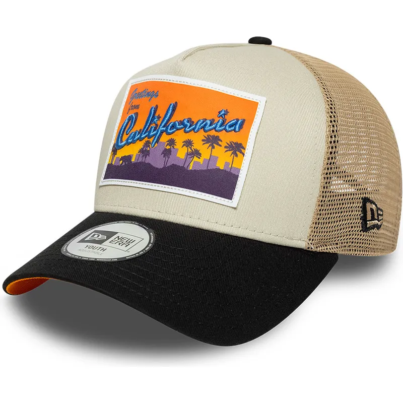 cappellino-trucker-beige-per-bambino-a-frame-location-patch-california-di-new-era