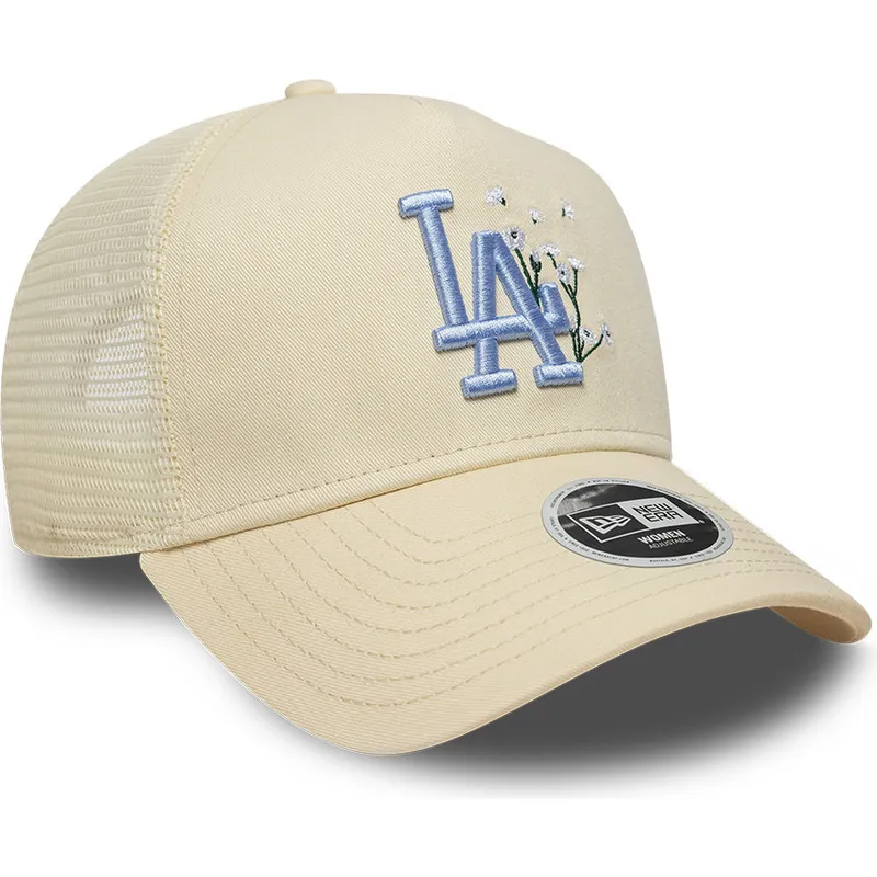 cappellino-trucker-beige-con-logo-blu-da-donna-9forty-a-frame-floral-dei-los-angeles-dodgers-mlb-di-new-era