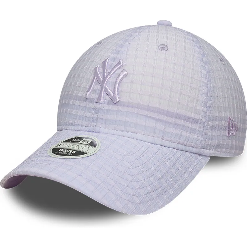 violette-verstellbare-curved-cap-mit-violettem-logo-fur-damen-9twenty-seersucker-der-new-york-yankees-mlb-von-new-era