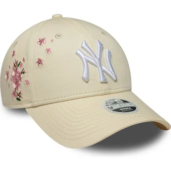 Cappellino curvo beige regolabile da donna 9FORTY Floral Icon Side dei New York Yankees MLB di New Era