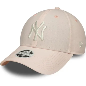 New Era Curved Brim Women 9FORTY Linen New York Yankees MLB Light Pink Adjustable Cap