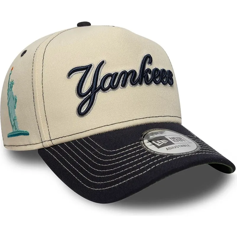 casquette-courbee-beige-et-bleue-marine-snapback-e-frame-city-icon-new-york-yankees-mlb-new-era