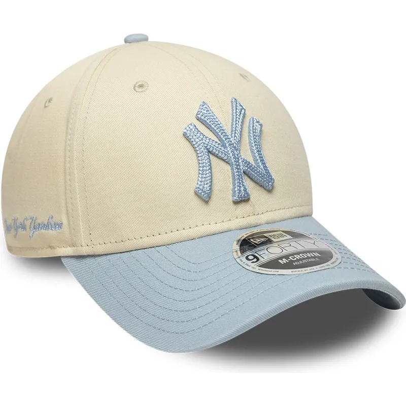 beige-und-blaue-gebogene-snapback-kappe-mit-blauem-logo-9forty-m-crown-side-script-der-new-york-yankees-mlb-von-new-era