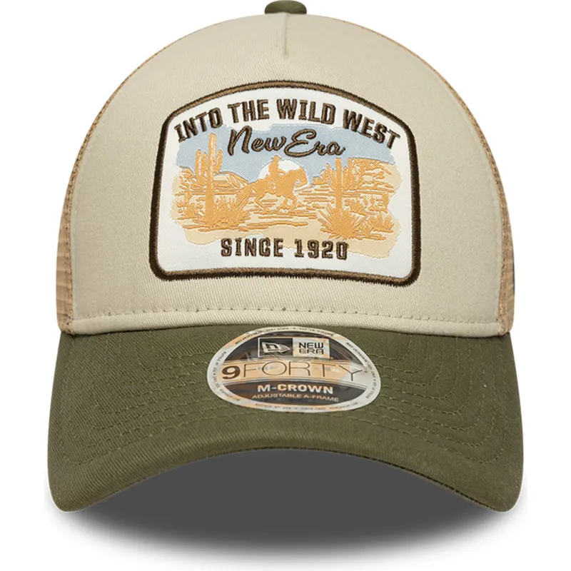beige-och-gron-trucker-keps-9forty-m-crown-a-frame-fran-new-era