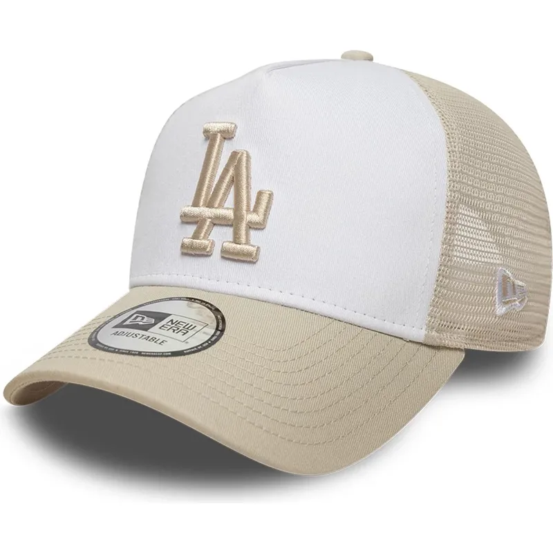 beige-och-vit-trucker-keps-med-beige-logotyp-a-frame-league-essential-fran-los-angeles-dodgers-mlb-av-new-era