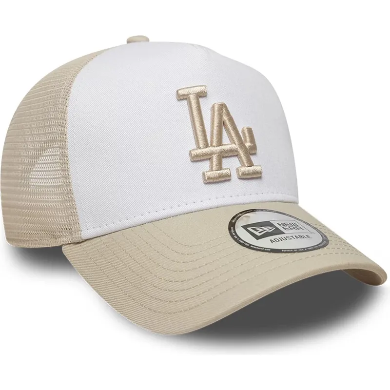 cappellino-trucker-beige-e-bianco-con-logo-beige-a-frame-league-essential-dei-los-angeles-dodgers-mlb-di-new-era