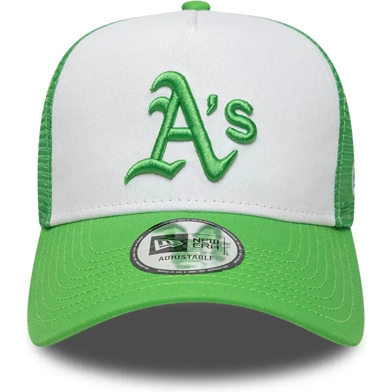 gron-och-vit-trucker-keps-med-gront-logo-a-frame-league-essential-fran-oakland-athletics-mlb-av-new-era