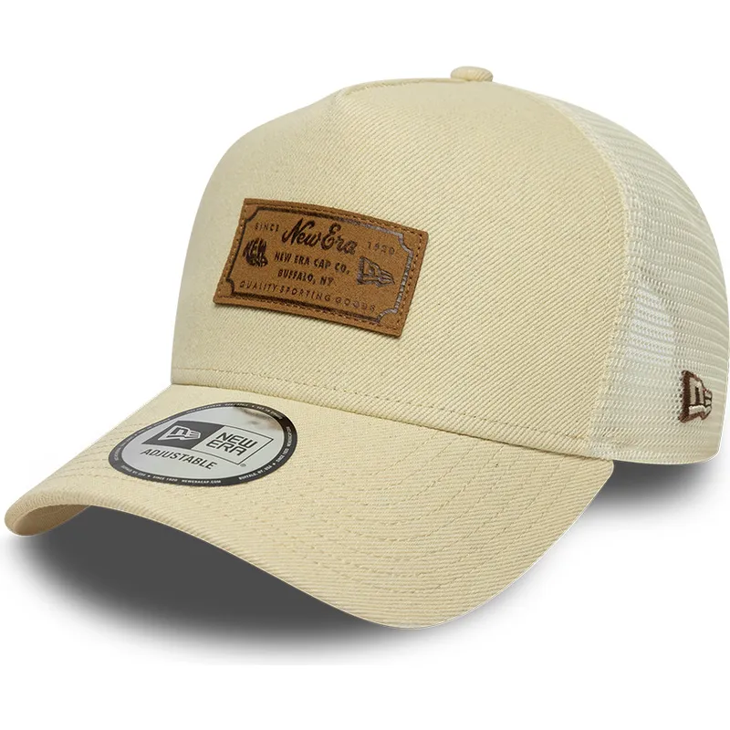 casquette-trucker-beige-a-frame-denim-leather-patch-new-era