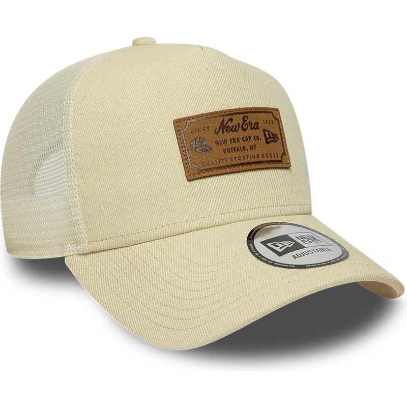 cappellino-trucker-beige-a-frame-denim-leather-patch-di-new-era