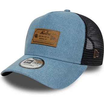 New Era A Frame Denim Leather Patch Blue Trucker Hat