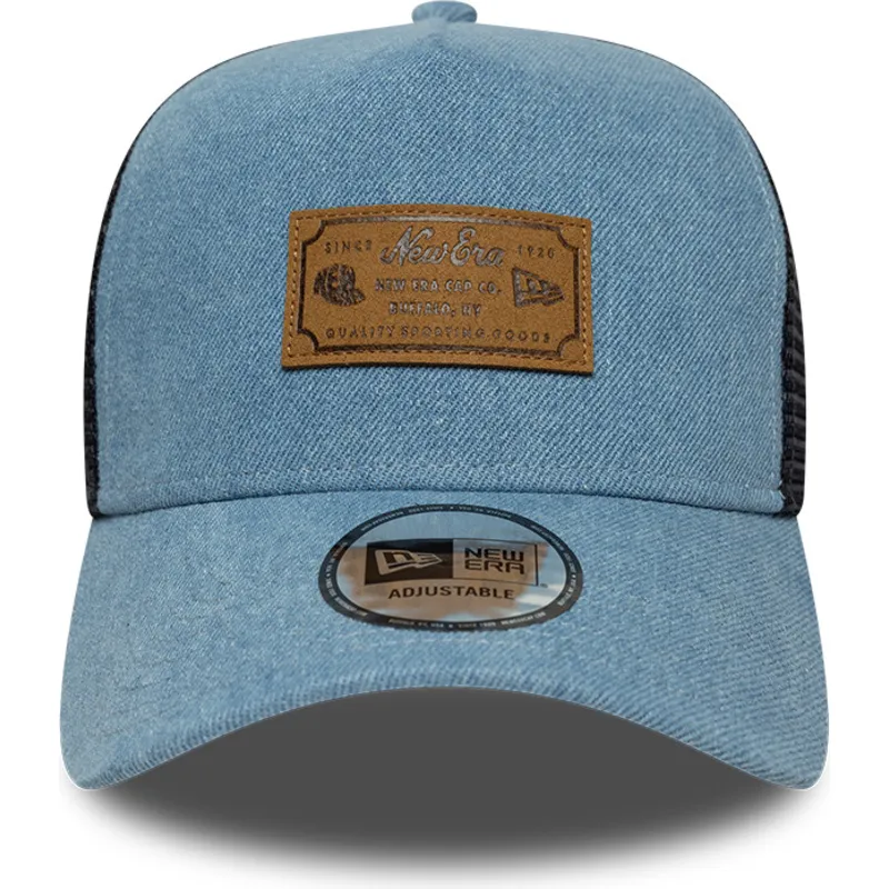 trucker-cap-blau-a-frame-denim-leather-patch-von-new-era