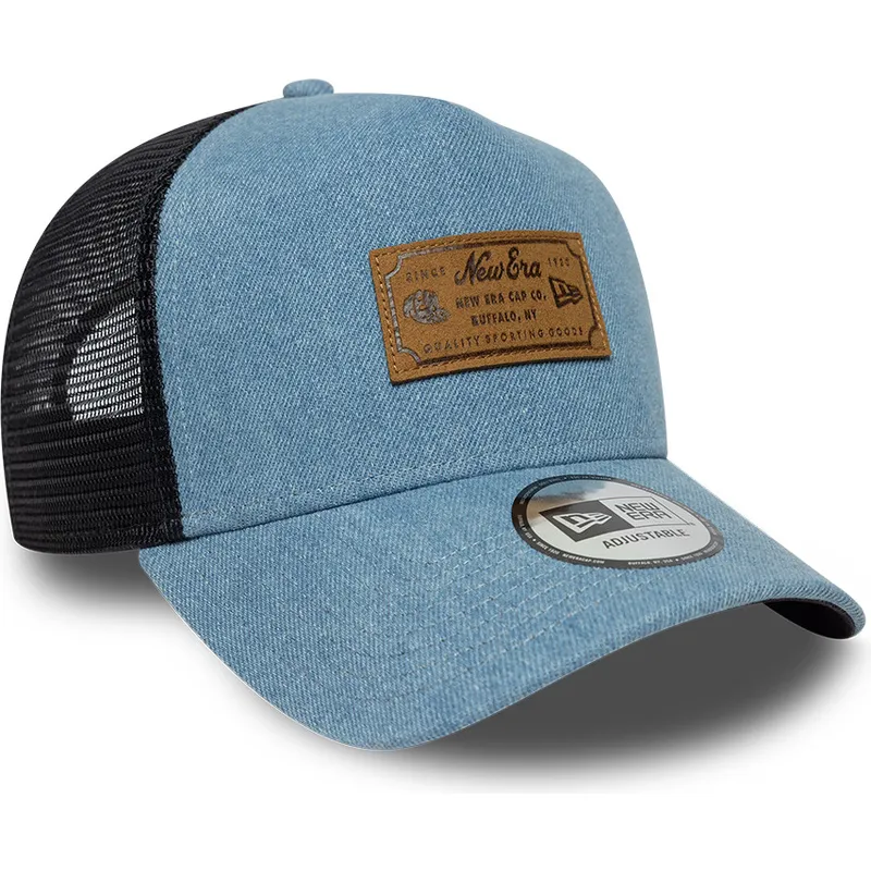 cappellino-trucker-blu-a-frame-denim-leather-patch-di-new-era