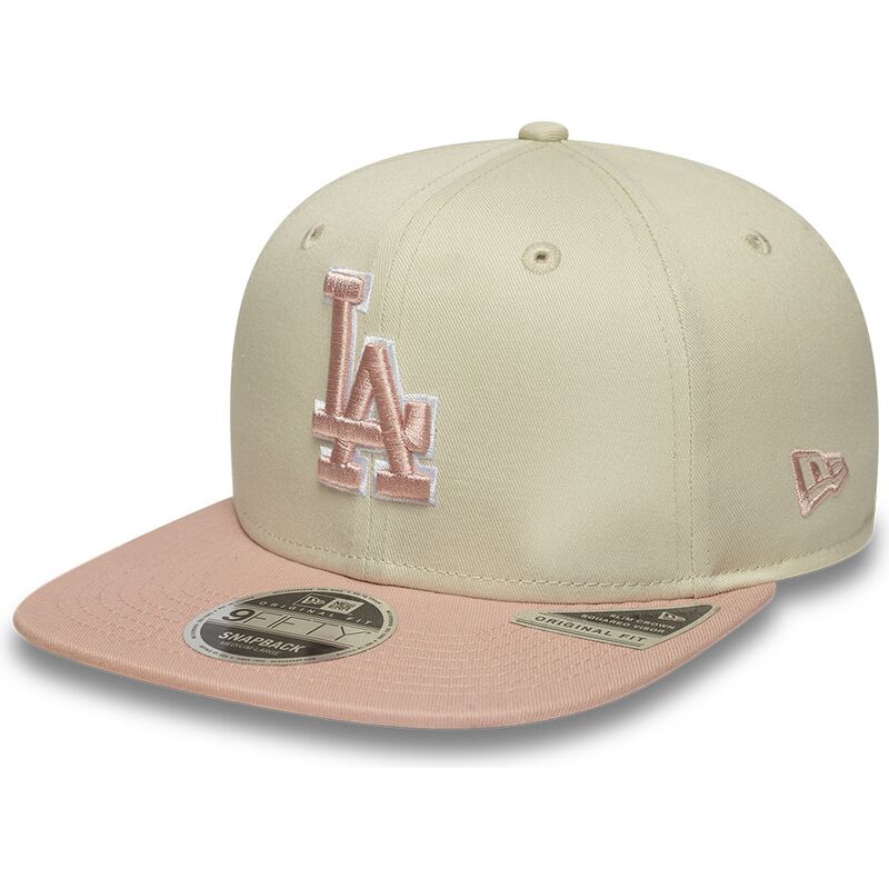cappello-piatto-beige-snapback-con-logo-rosa-9fifty-original-fit-world-series-patch-dei-los-angeles-dodgers-mlb-di-new-era