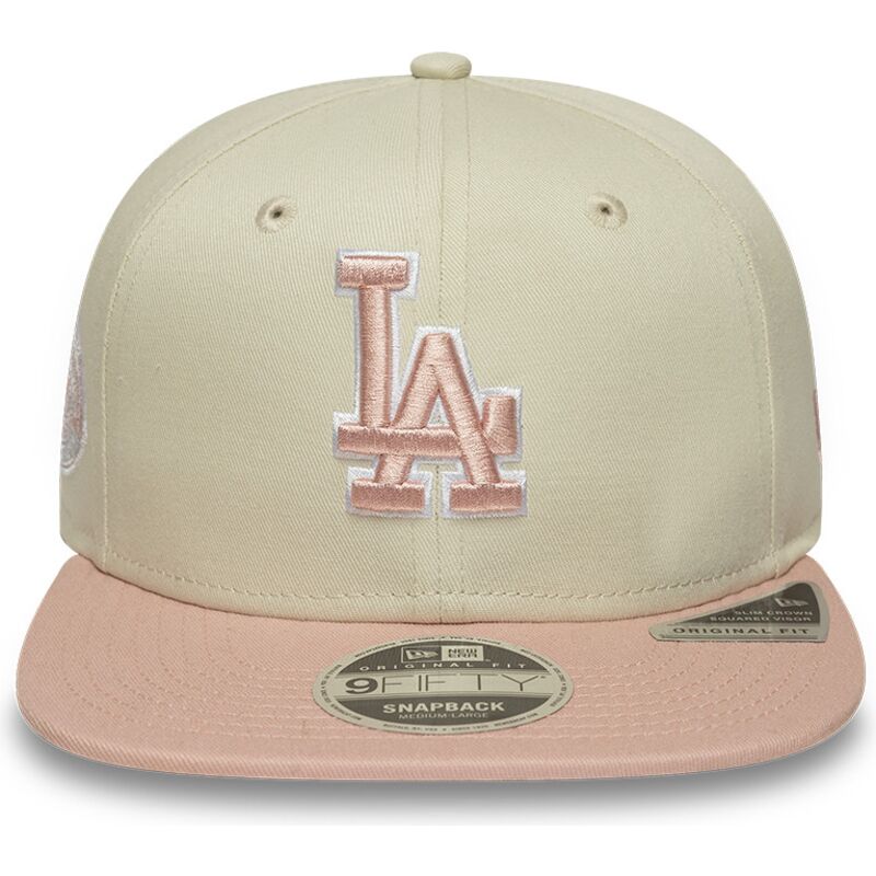 cappello-piatto-beige-snapback-con-logo-rosa-9fifty-original-fit-world-series-patch-dei-los-angeles-dodgers-mlb-di-new-era