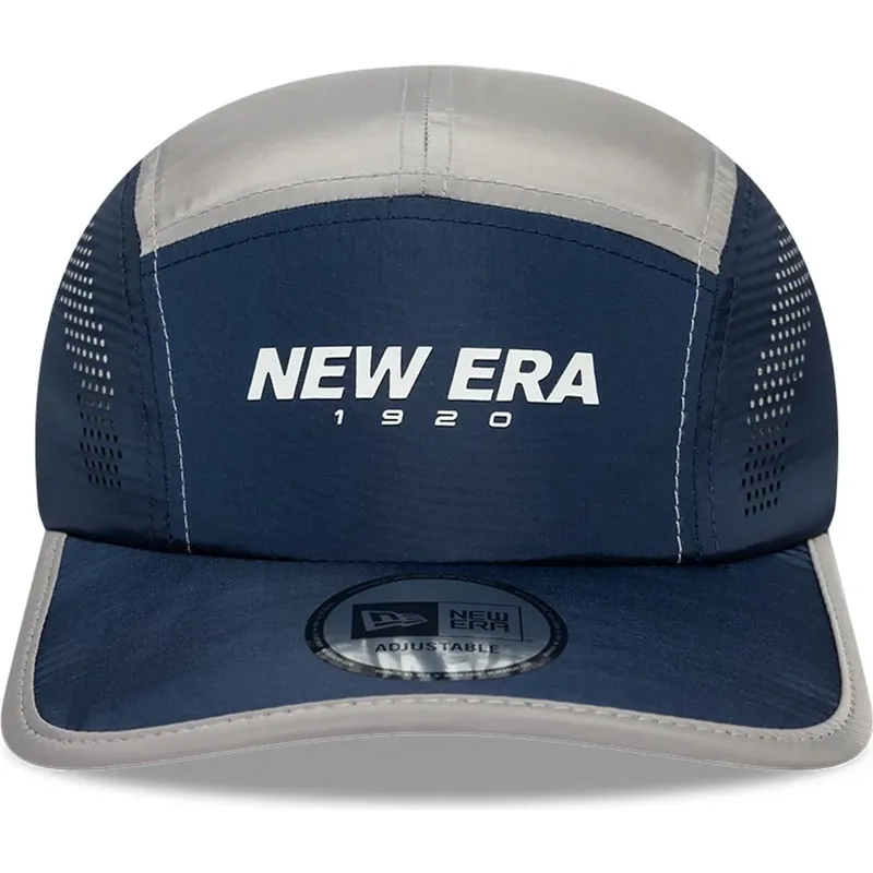 casquette-5-panel-courbee-bleue-marine-ajustable-runner-colour-block-new-era