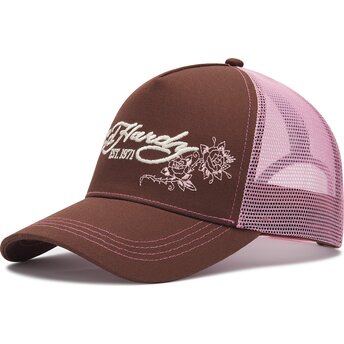 Casquette trucker marron et rose Skull And Roses Ed Hardy