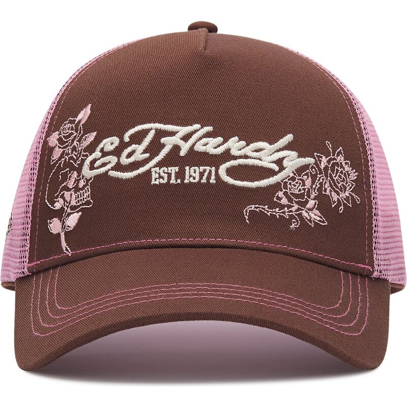 cappello-curvo-marrone-snapback-rosa-skull-and-roses-di-ed-hardy