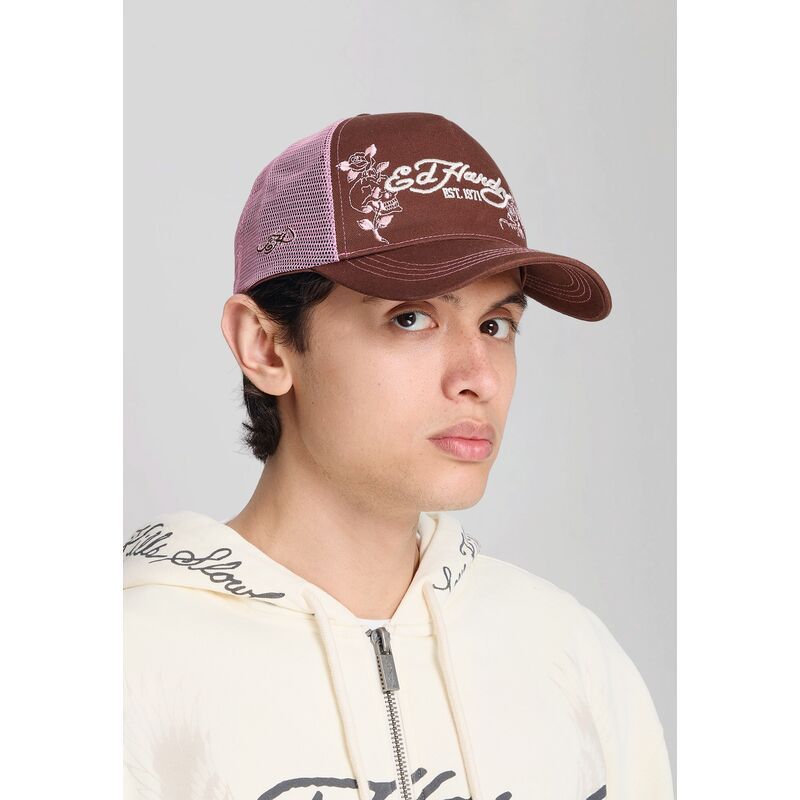 casquette-trucker-marron-et-rose-skull-and-roses-ed-hardy
