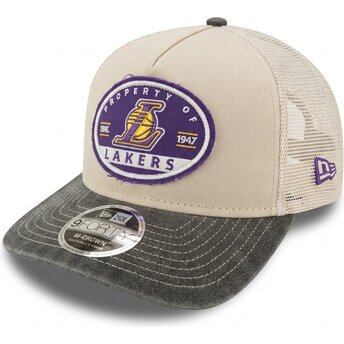 Cappello curvo beige snapback 9FORTY M-Crown A Frame Fray dei Los Angeles Lakers NBA di New Era