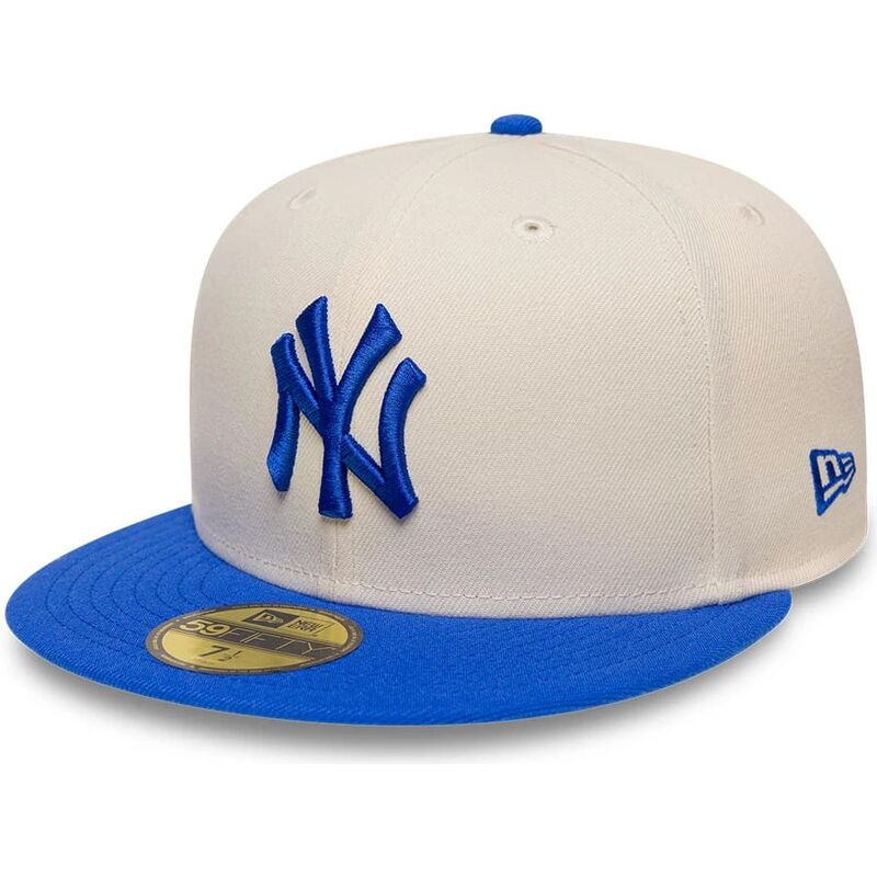 casquette-plate-beige-et-bleue-ajustee-avec-logo-bleu-59fifty-league-essential-new-york-yankees-mlb-new-era