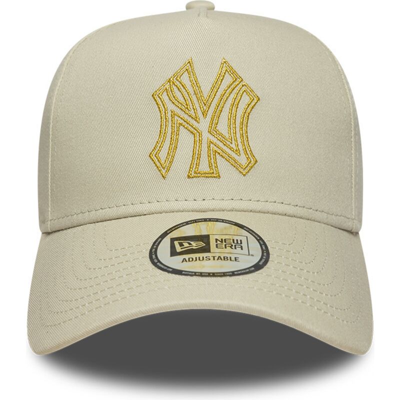 casquette-courbee-beige-snapback-avec-logo-dore-e-frame-metallic-outline-new-york-yankees-mlb-new-era