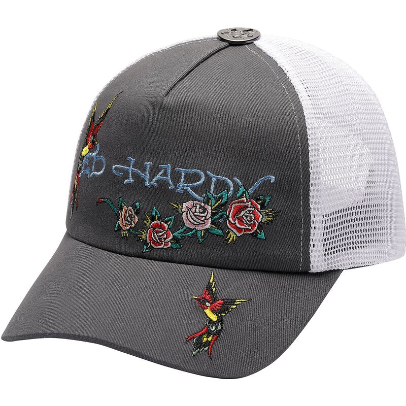 cappello-curvo-grigio-snapback-floral-swallow-di-ed-hardy