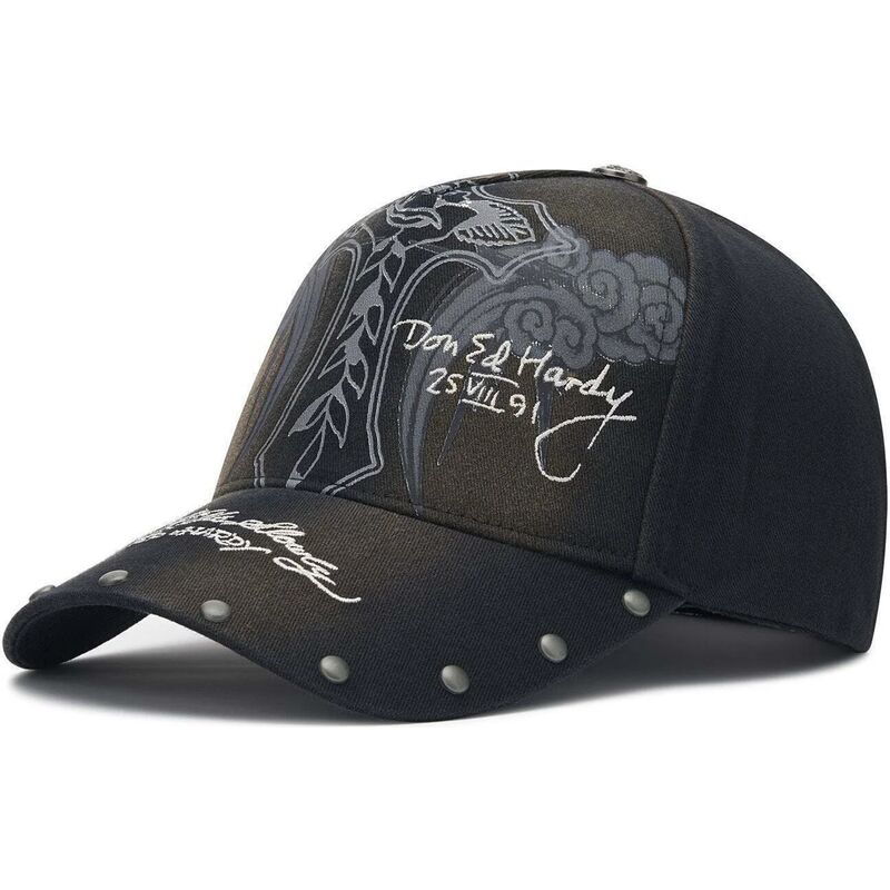 casquette-courbee-noire-ajustable-storming-rose-washed-ed-hardy