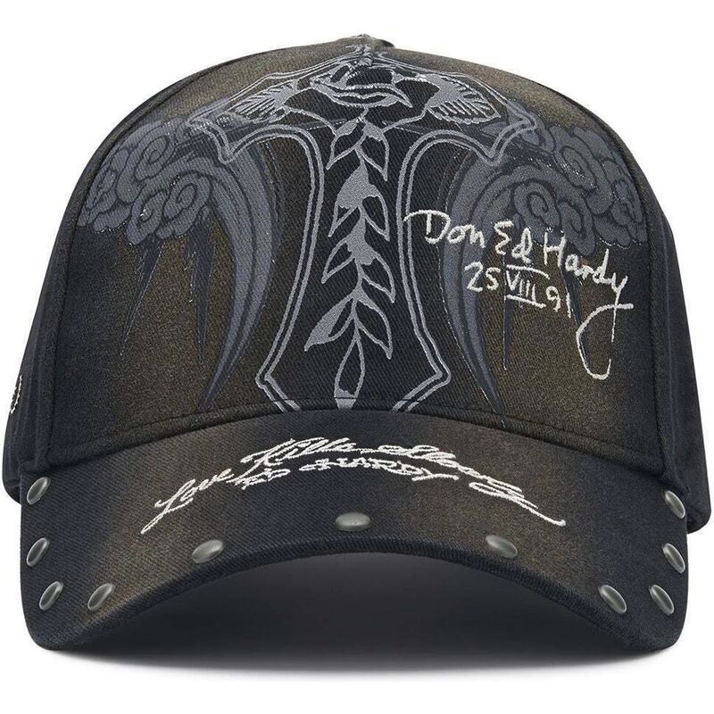 casquette-courbee-noire-ajustable-storming-rose-washed-ed-hardy