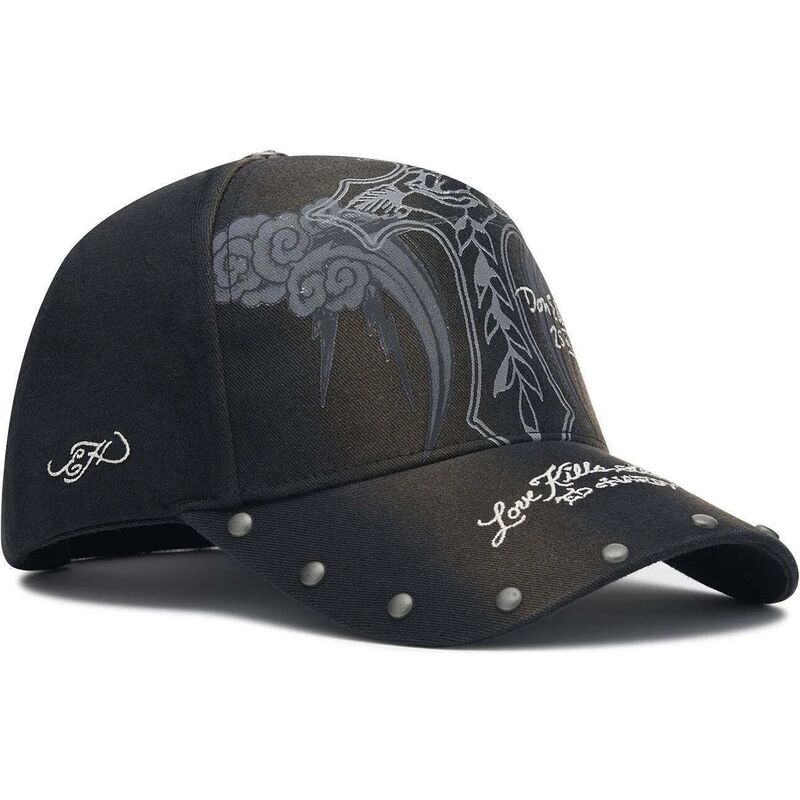 casquette-courbee-noire-ajustable-storming-rose-washed-ed-hardy