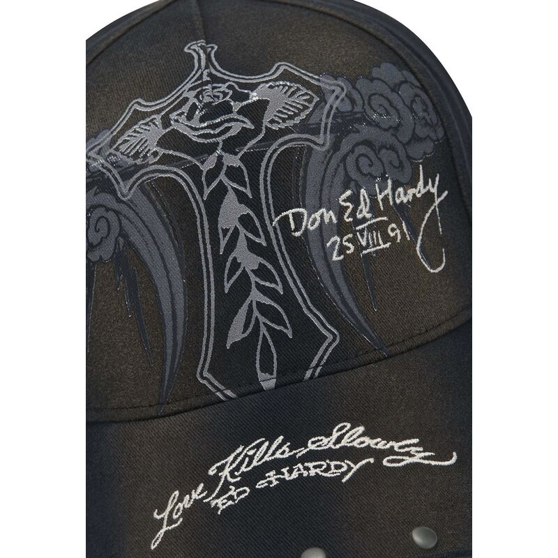 casquette-courbee-noire-ajustable-storming-rose-washed-ed-hardy