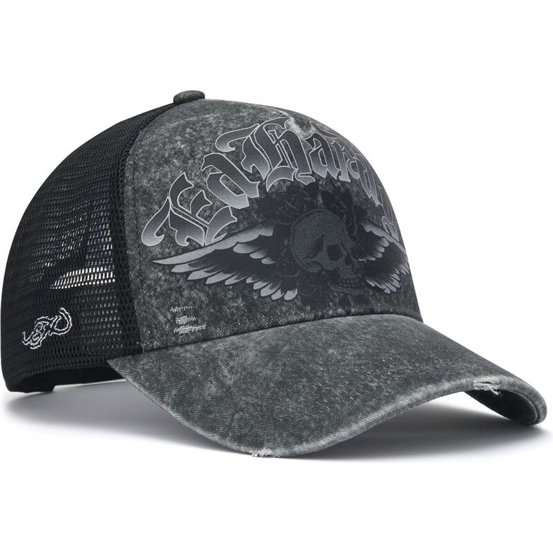 casquette-trucker-grise-flaming-gothic-skull-washed-ed-hardy