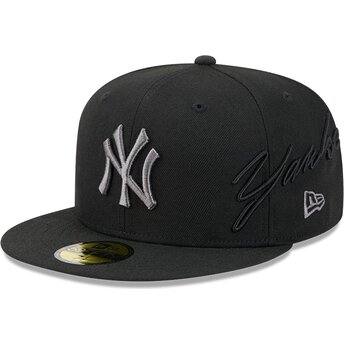 Mützen flach schwarz angepasst 59FIFTY Side Script der New York Yankees MLB von New Era