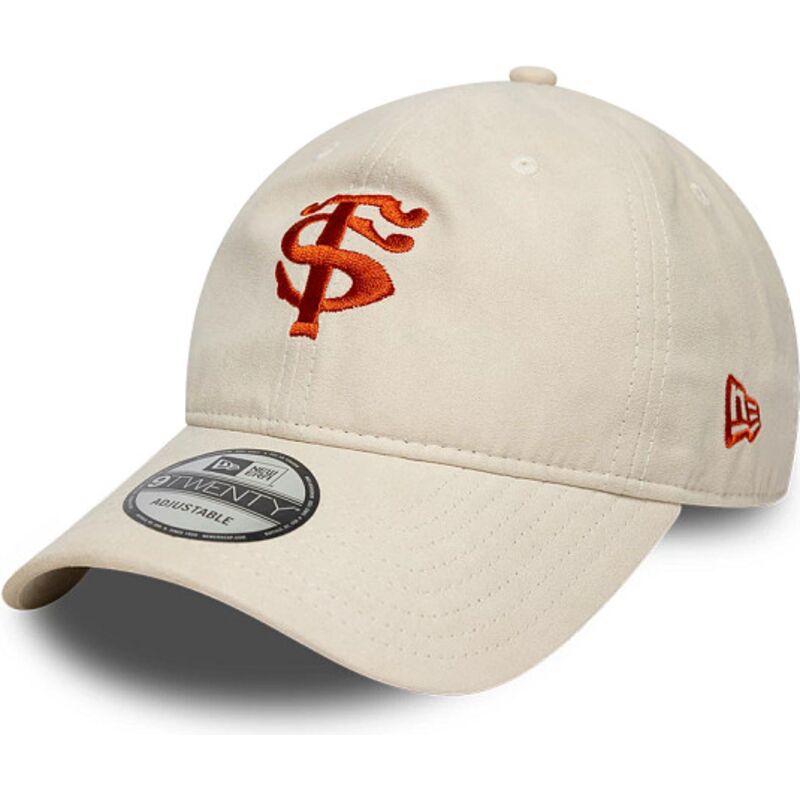 casquette-courbee-beige-ajustable-avec-logo-rouge-9twenty-faux-suede-stade-toulousain-top-14-new-era