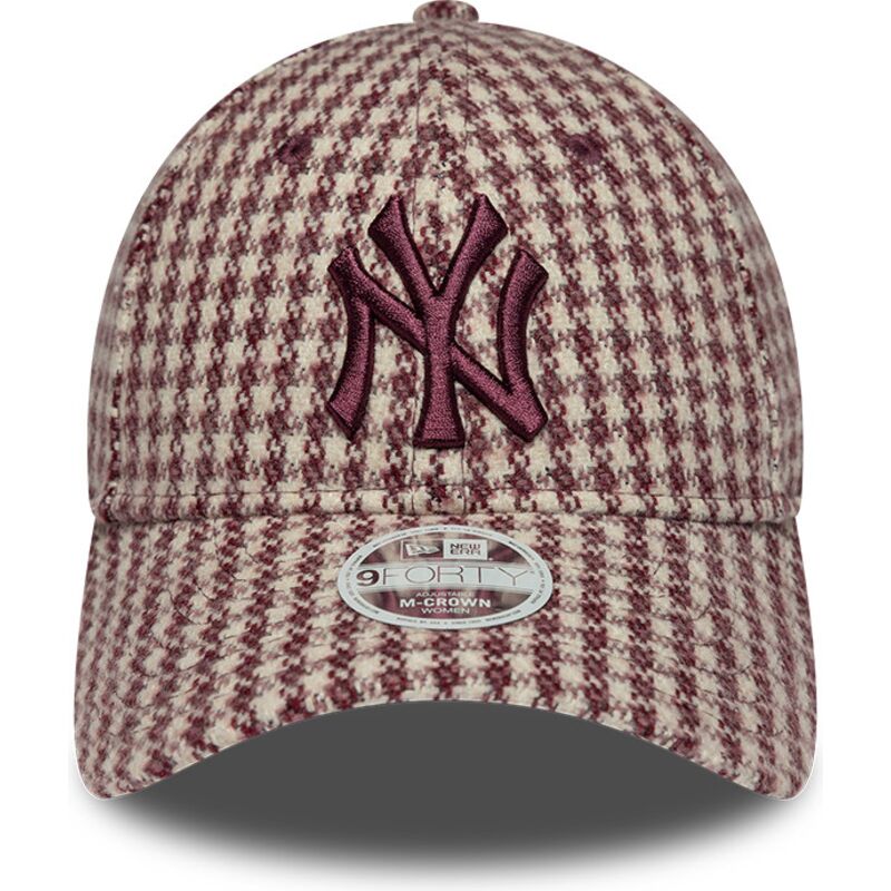 casquette-courbee-grenat-et-beige-ajustable-pour-femme-avec-logo-grenat-9forty-m-crown-houndstooth-new-york-yankees-mlb-new-era