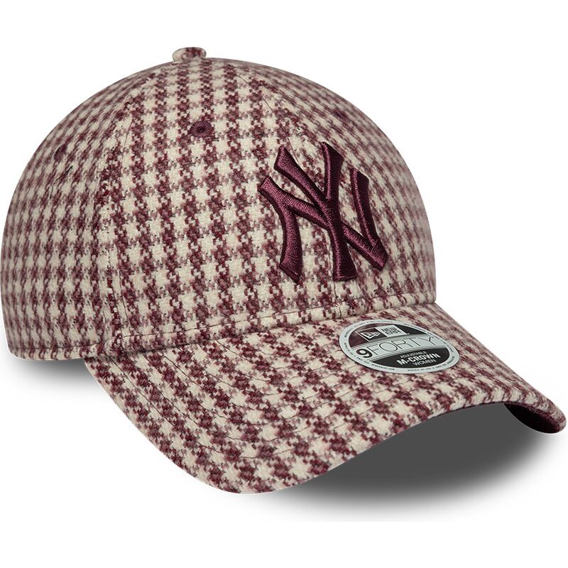 casquette-courbee-grenat-et-beige-ajustable-pour-femme-avec-logo-grenat-9forty-m-crown-houndstooth-new-york-yankees-mlb-new-era
