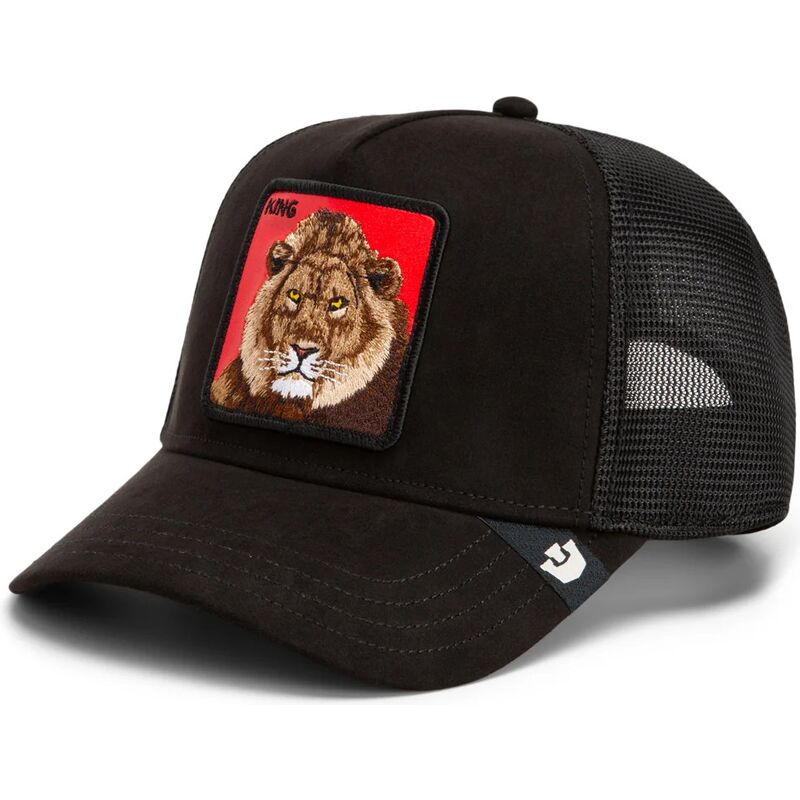 casquette-trucker-noire-et-rouge-lion-re-lionne-rosso-microsuede-king-the-farm-goorin-bros